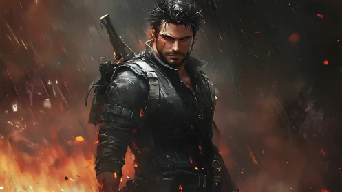 Stormlit warrior walks through burning rain and restless embers