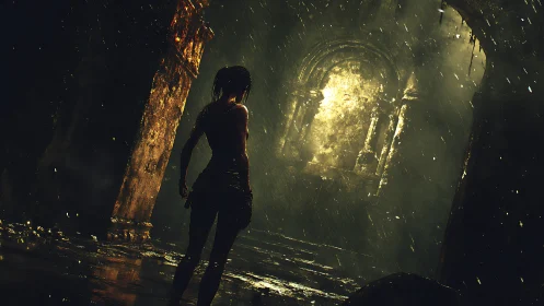 Rain-soaked tomb raider facing a blinding golden relic.