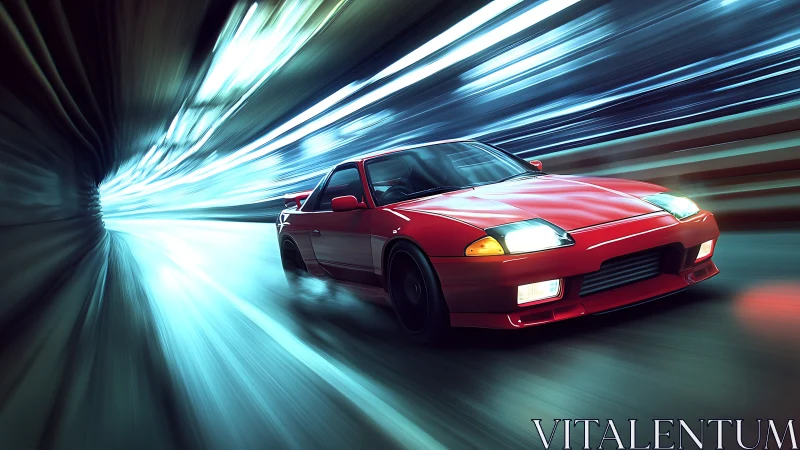 Digital painting of red sports car in dynamic motion tunnel.