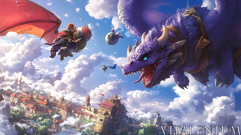 Skyborne dragon duel above sunlit cloudcastle cityscape.