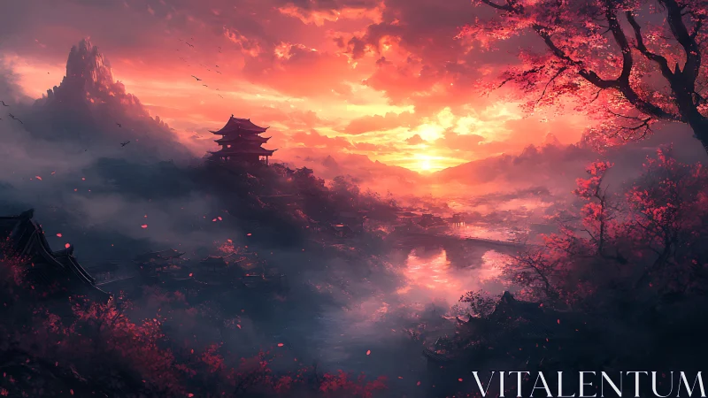 Sunset over traditional pagoda valley with mist and water.