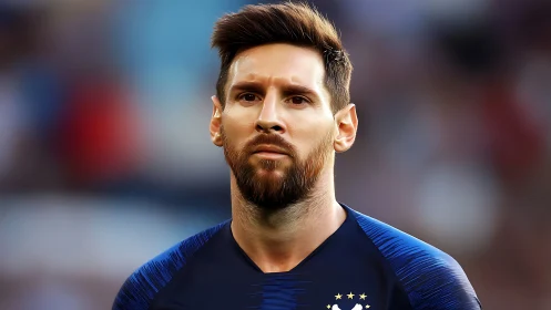 Close-up portrait of focused football player in blue jersey