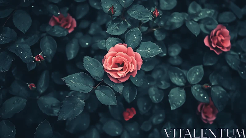 Crimson Roses Dance Through Twilight's Dewy Garden Sanctuary.