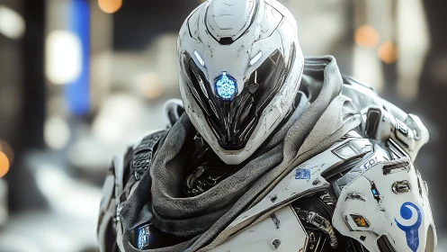 White armored humanoid robot with illuminated blue visor unit.
