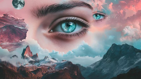 Surreal turquoise eyes drift above dreamlike mountain clouds