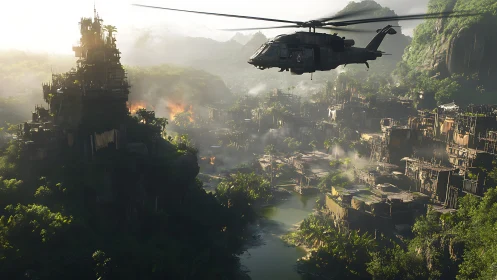 Military helicopter patrols burning jungle fortress valley.