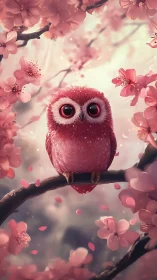 Pink owl rests among softly blurred cherry blossoms.