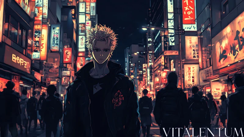Blond anime figure in dense neon city nightlife street scene.