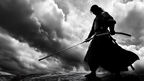 Storm-edge samurai silhouette carving silence from clouds.