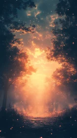 Forested tunnel with central light emission through atmospheric layers