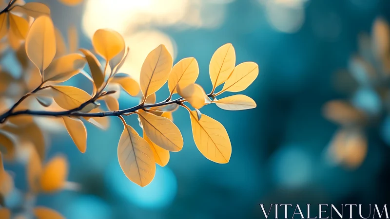Golden yellow leaves on branch with dreamy blue bokeh background.