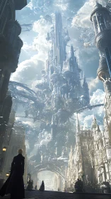 Skyborne spire city ascending through sunlit storm clouds.