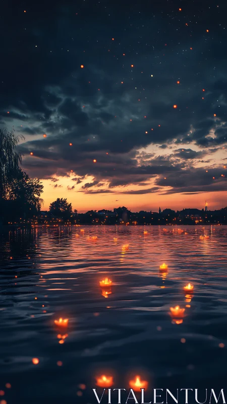 Floating lanterns illuminate dusk lake under dramatic clouds