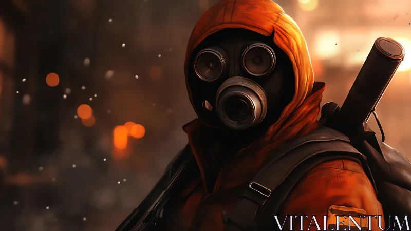 Post-apocalyptic gas-masked scout in orange hood amid burning ruins