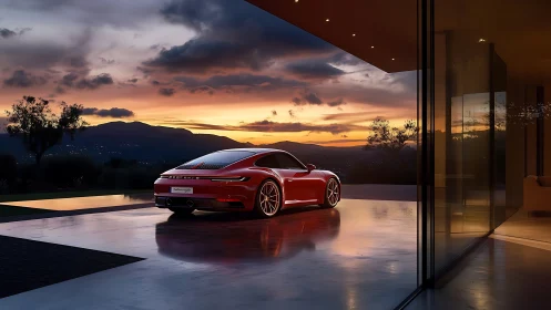 Red sports coup&eacute; on wet terrace at sunset, luxury villa setting.