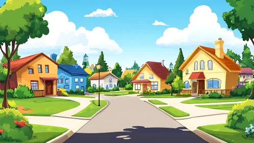Illustrated suburban street shows detached houses under sun
