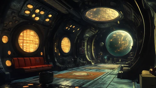 Futuristic space station interior with planet views.