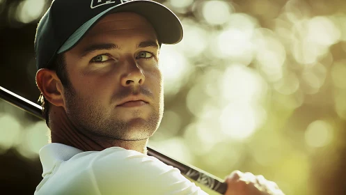 Male golfer holds club in shallow depth of field portrait