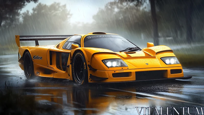 Aerodynamic yellow race car drifting on wet track under rainfall