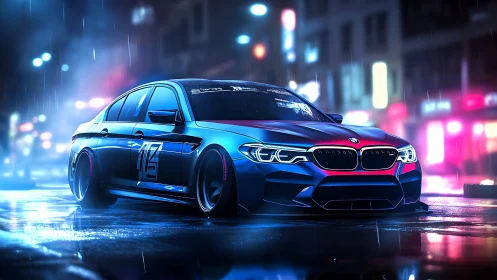 Modified sedan is parked on wet neon city street at night