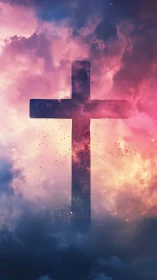 Radiant cross silhouette amid luminous storm clouds at dusk.