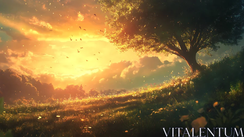Golden meadow sunset with glowing tree and drifting petals.