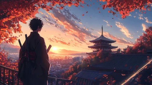 Samurai silhouette observes autumn temple skyline at dusk