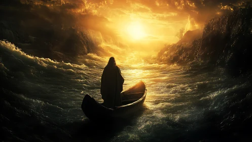 Lone voyager drifting toward a molten golden horizon.