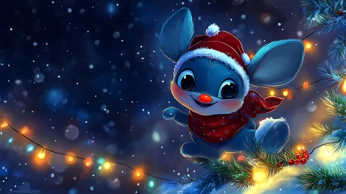 Cheerful blue creature enjoys a cozy snowy winter evening