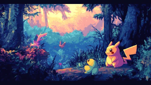 Pikachu and Bulbasaur explore pixelated forest landscape