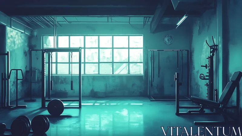 Quiet morning gym bathed in soft teal workout light.