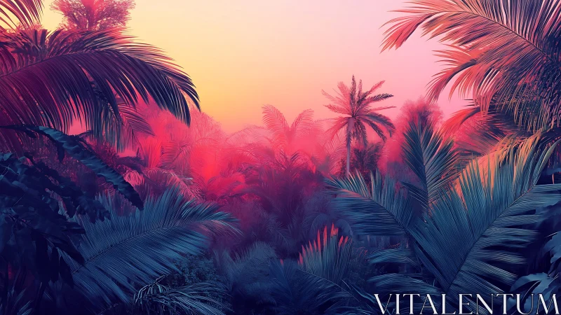 Synthetic tropical sunset scene with palm trees silhouetted against gradient sky