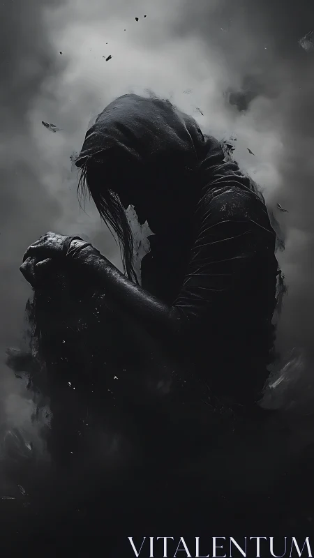 Hooded silhouette sinks into swirling monochrome shadow.