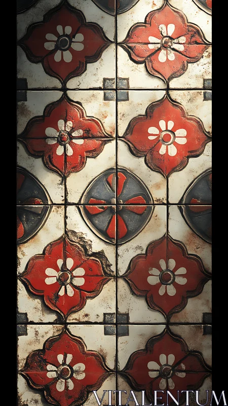 Weathered red floral ceramic tiles in vertical pattern.