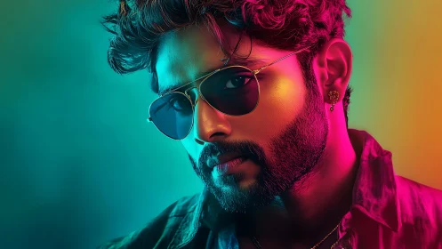 Bold portrait in neon gradient lighting captures cool attitude.