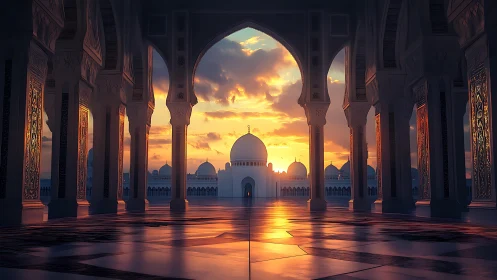 Sunset mosaics spill across the arches of a silent mosque courtyard