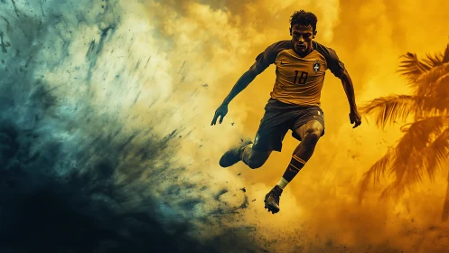 Dynamic Brazilian footballer leaps through explosive color storm.