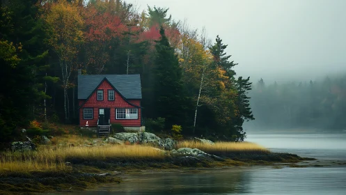 Red Refuge: Autumn's Lakeside Sanctuary.