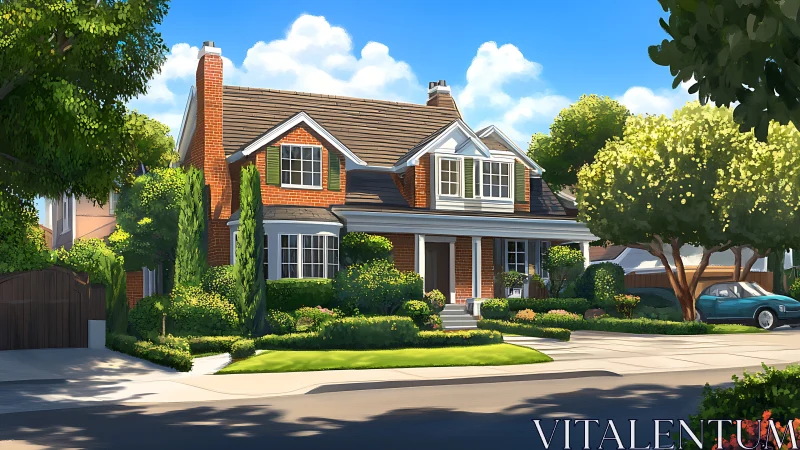 Brick suburban house under clear midday summer light.