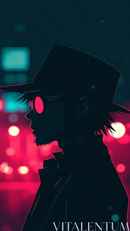 Silhouetted figure in hat and glasses against neon city lights.