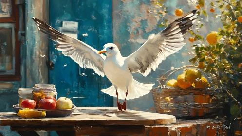 Seagull lands on rustic table near fruit and glass jars