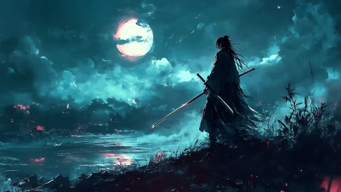 Lone samurai studies moonlit shore under storm clouds