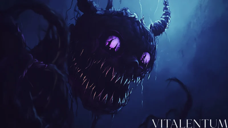 Nocturnal horned void-creature reveals bioluminescent eyes and fangs