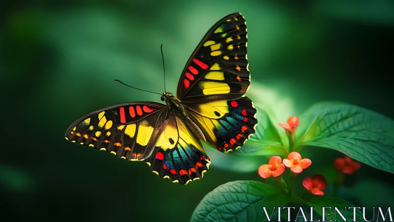 Macro study of a multicolored butterfly on tropical foliage.