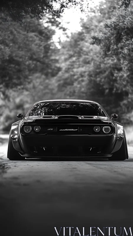 Low-slung muscle car prowls a shaded forest backroad