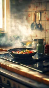 Steaming vegetable stir fry cooking on rustic stovetop.