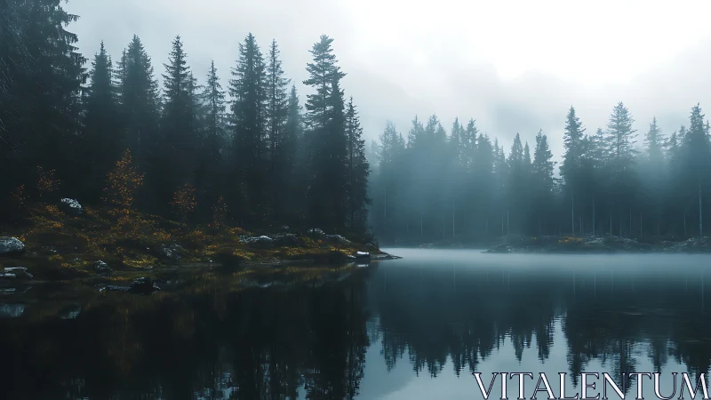 Misty Evergreen Forest Lake with Mirror Reflection