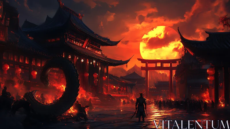 Samurai confronts burning dragon temple under blood sun