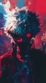 Electric-eyed masked wanderer stands in neon painted shadows