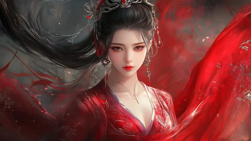 Crimson-robed moonlit maiden in ornate fantasy portrait.